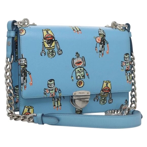 PRADA Chain Shoulder Bag Safiano leather Blue Silver Auth BD270AV - Picture 1 of 14